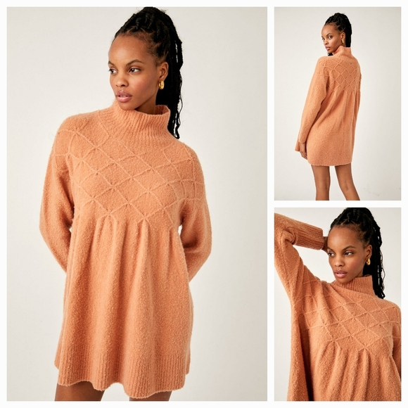Free People Jaci Turtleneck Beige Babydoll Wool Blend Sweater Dress Sz Large NEW - Picture 1 of 10
